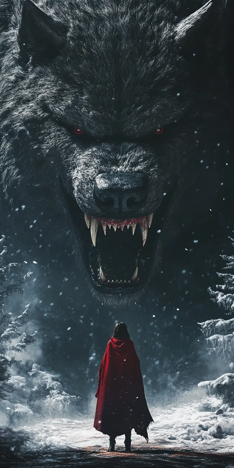 Woman In Red Cloak Facing Giant Werewolf In Dark Forest