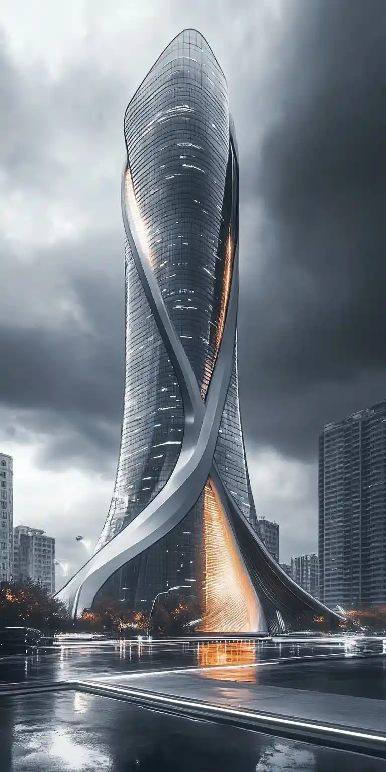 Futuristic cyberpunk city under a dark grey sky
