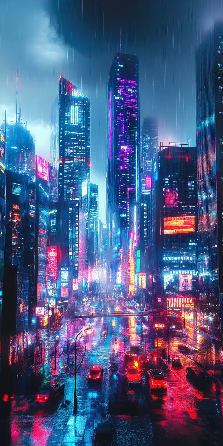 Futuristic Cyberpunk City Under Dark Grey Sky