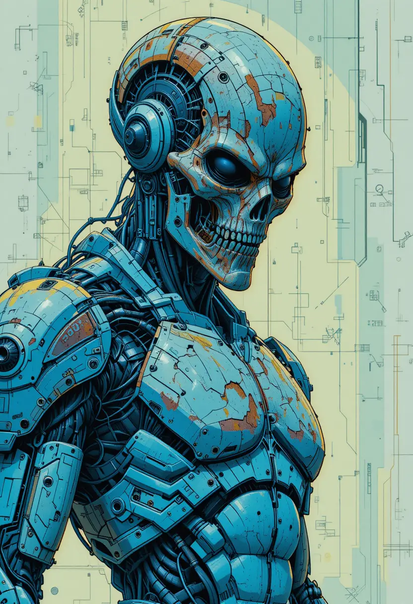 Cyborg warrior in blue toned armor facing the viewer