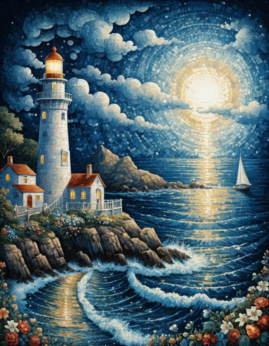 Abstract lighthouse and sailing ship on glowing ocean light