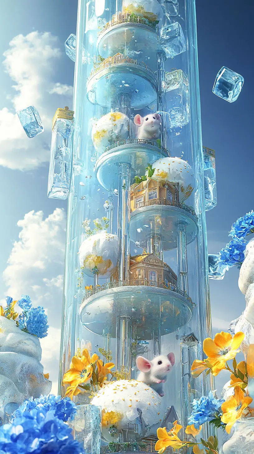 Two happy mice living in a glass tube home