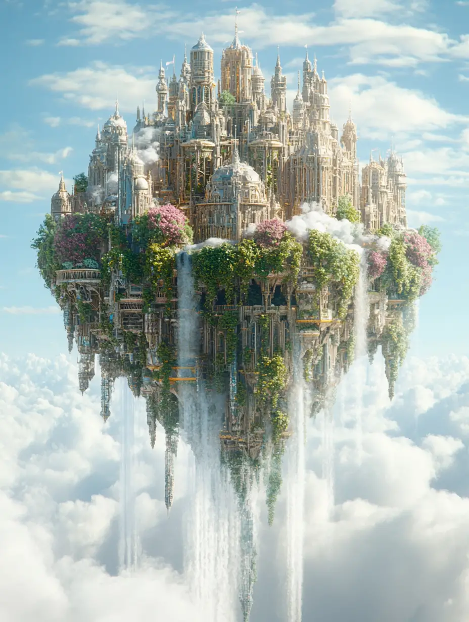 Majestic floating fantasy city above glowing misty clouds