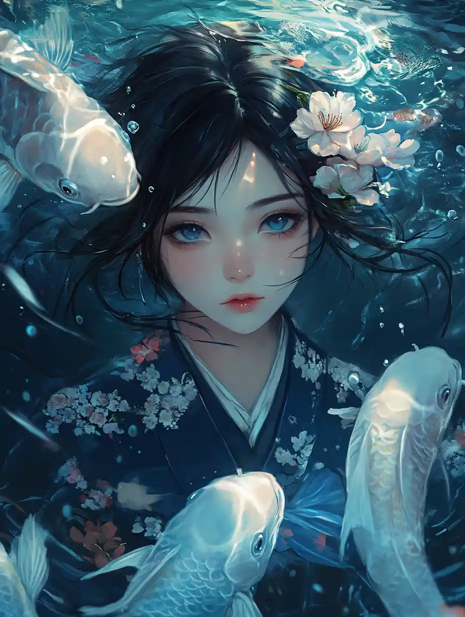 Anime girl in dark blue kimono with ethereal white fish