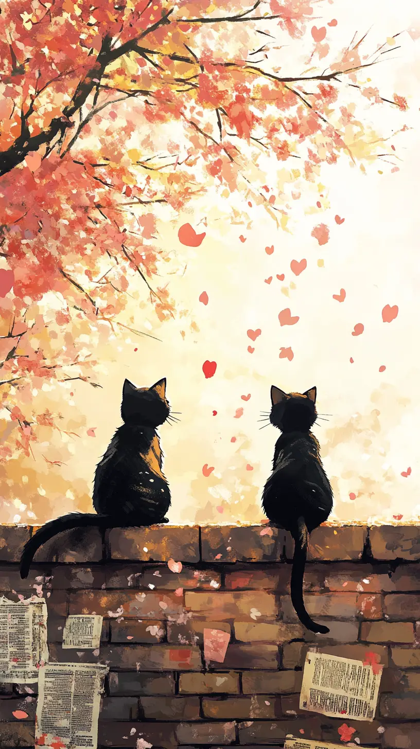 Two cats on a wall under a blooming cherry tree