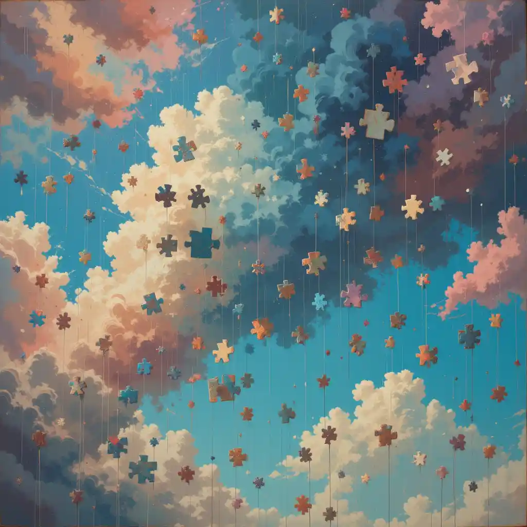 Surreal sky raining vintage puzzle pieces in retro colors
