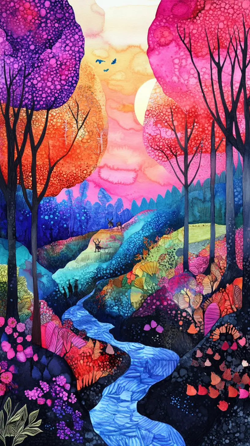 Colorful forest wildlife by a brook at sunset