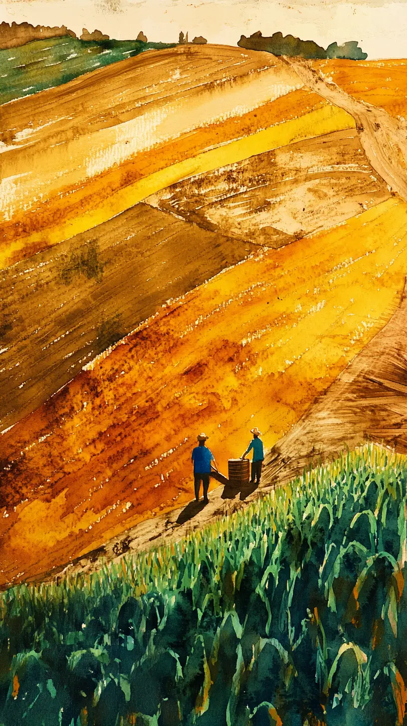 Top view ink illustration of farmers in cornfield