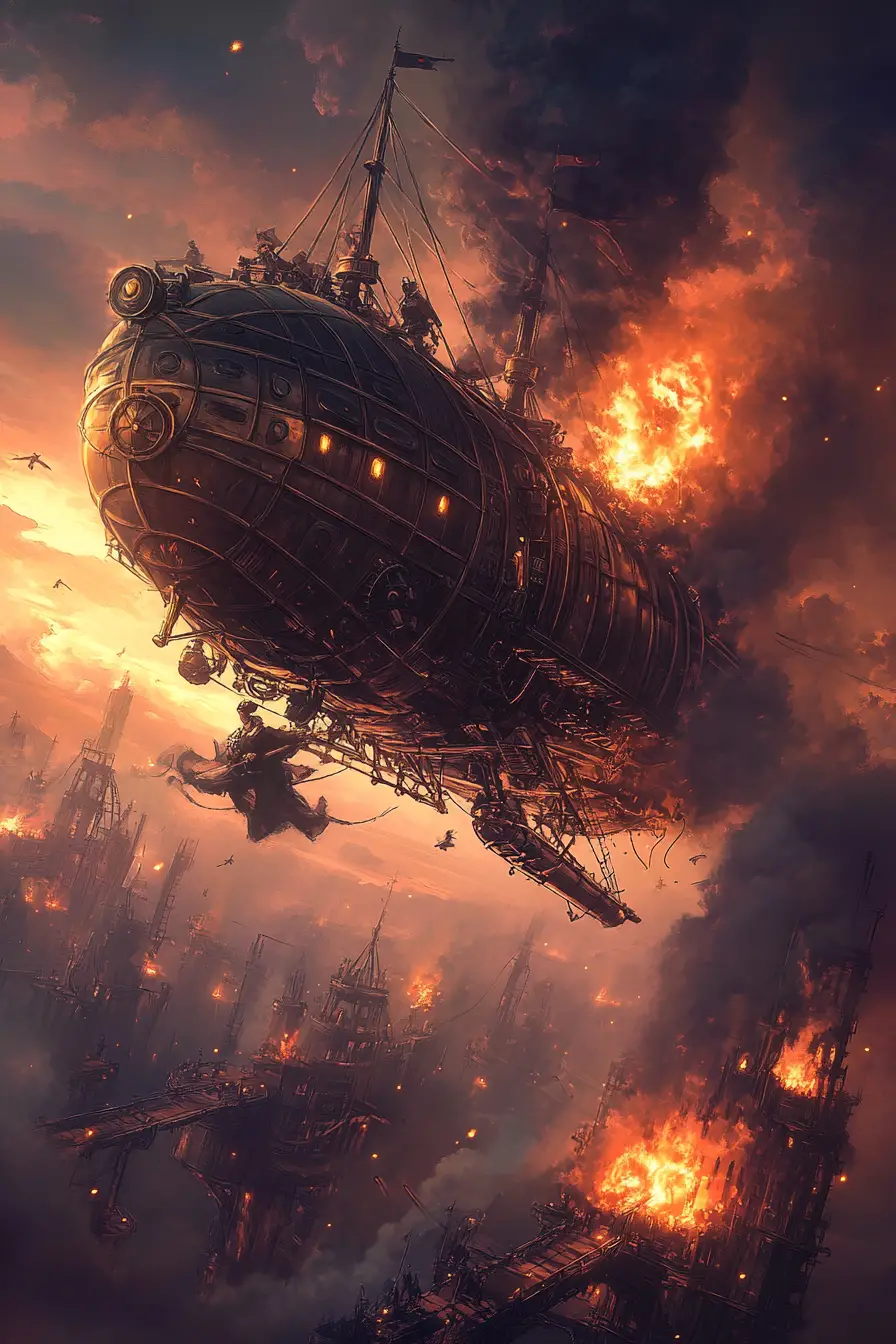 Brass airship exploding above walkways at sunset