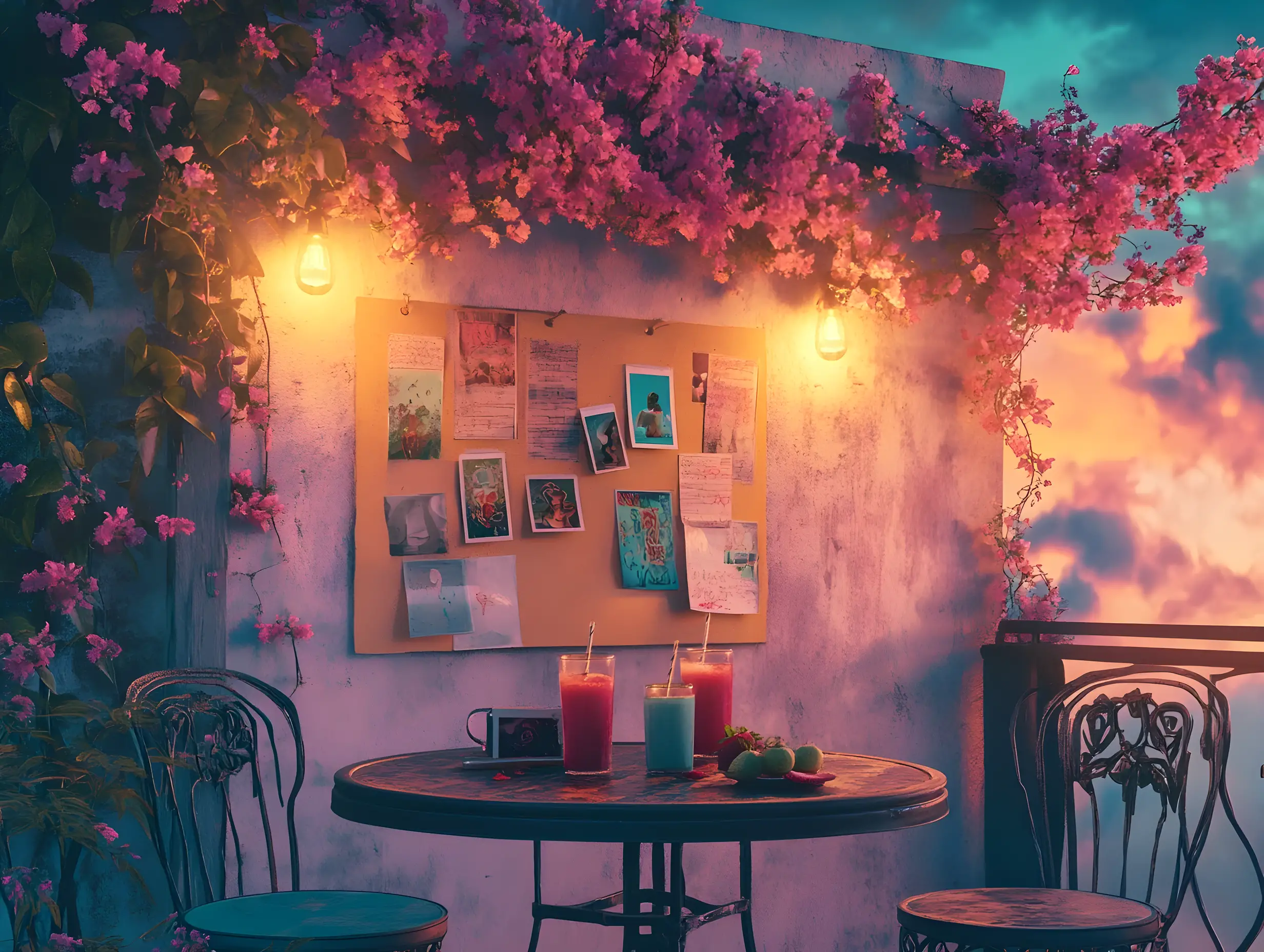 Rooftop terrace with pink flowers and bistro seating