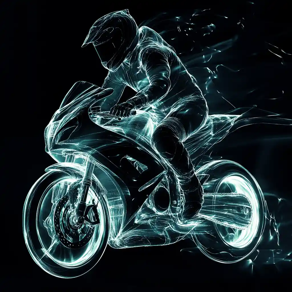 Silhueta de Motociclista Cercada por Fitas de Ar Abstratas e Fluídas