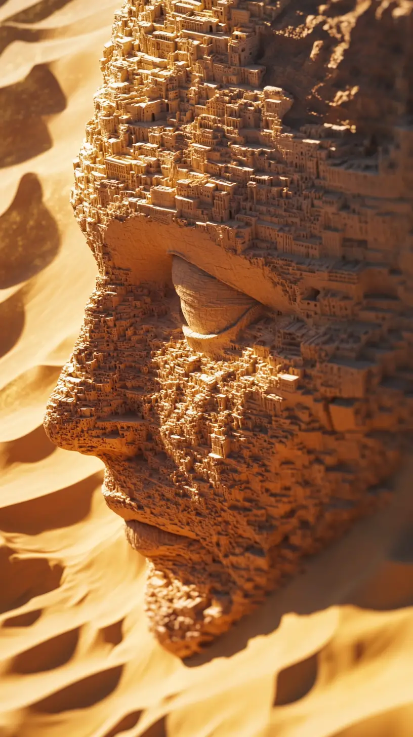 Surreal Sand Dune Face Over Desert Oasis City At Sunset