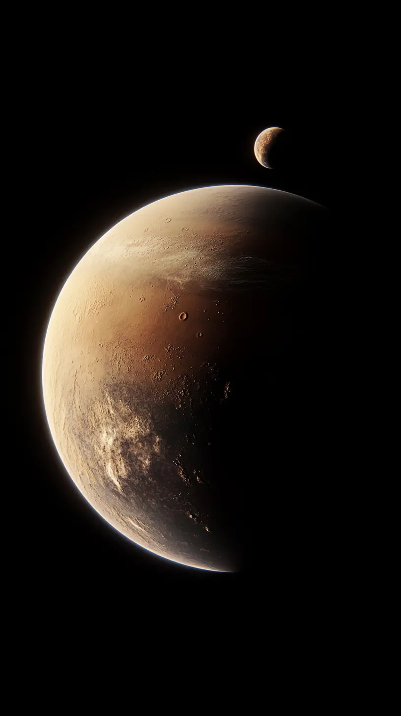 Distant planet with moons seen from deep space