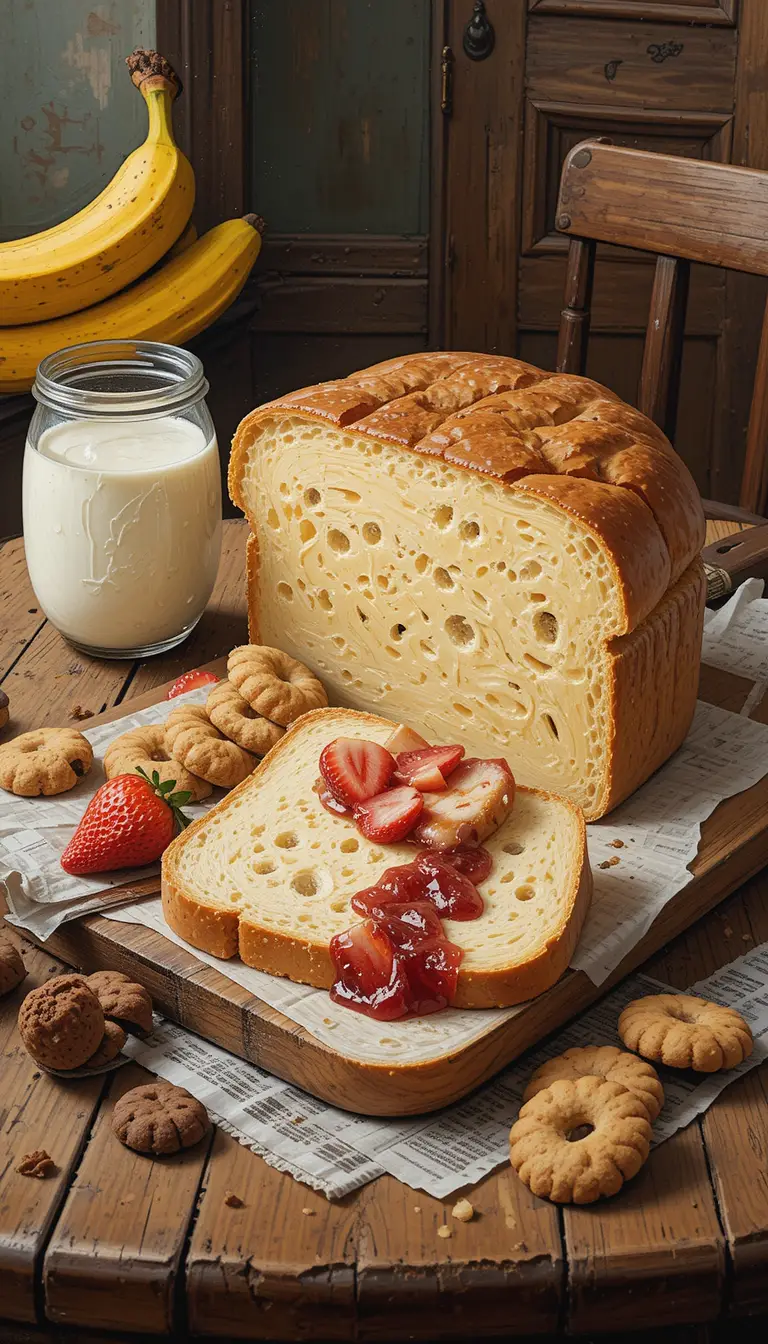 Rustic breakfast still life with bread cheese and fruit