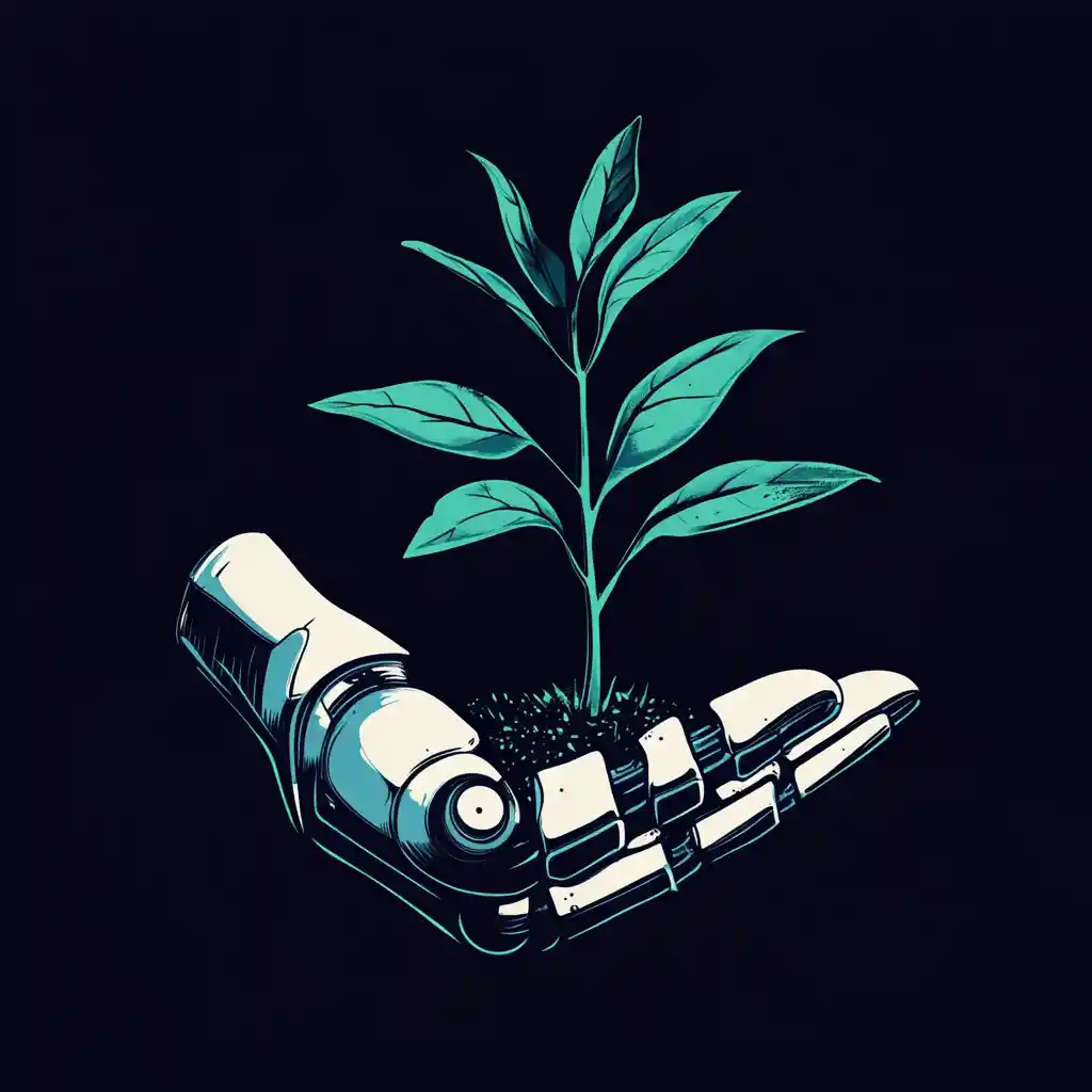 Futuristic logo of robot hand holding a sprouting plant