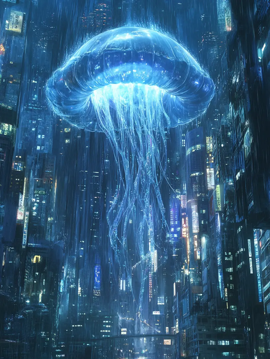 Giant Transparent Jellyfish Above A Futuristic Rainy City