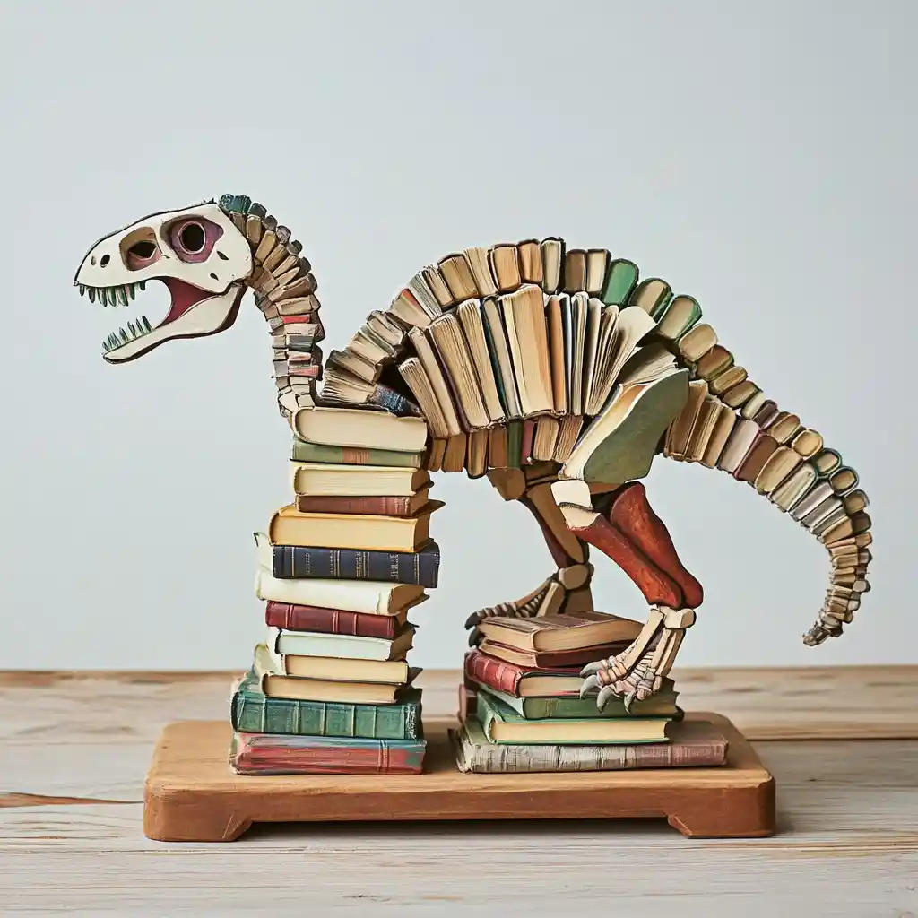 Dinosaur skeleton built from stacked books for learning