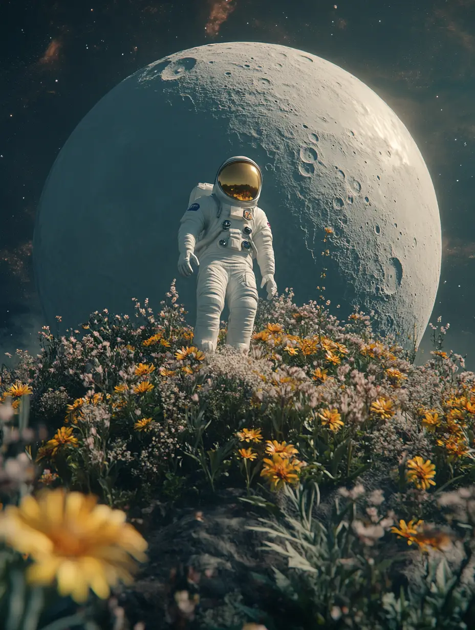 巨大な月の下で花の惑星を歩く宇宙飛行士