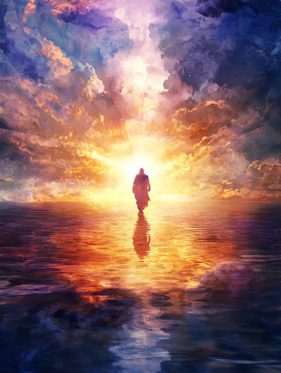 Celestial light shining in darkness over cosmic waters