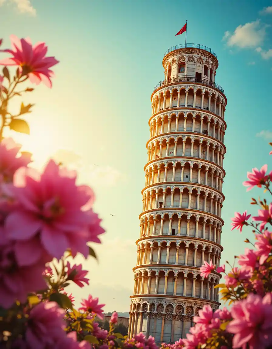 Surreal chrome tower of pisa wrapped in bougainvillea blossoms