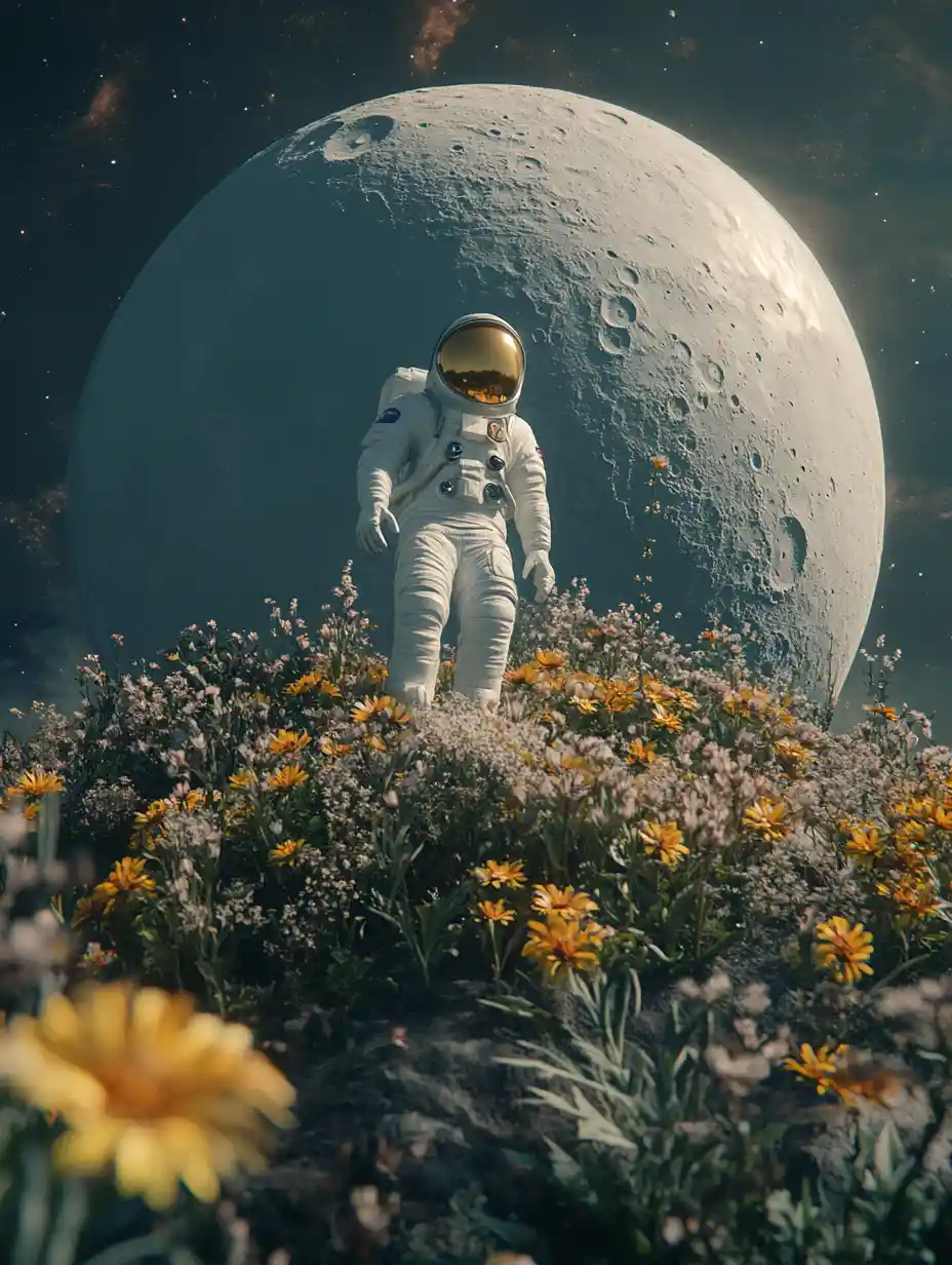 Astronaut Walking On Floral Planet Under A Huge Moon