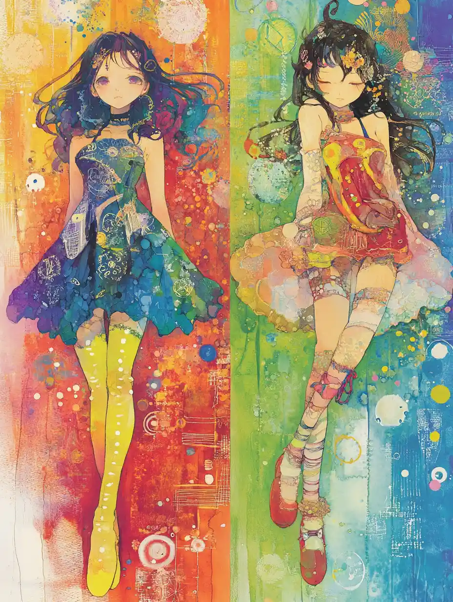 Colorful anime girl in playful pastel fashion outfit