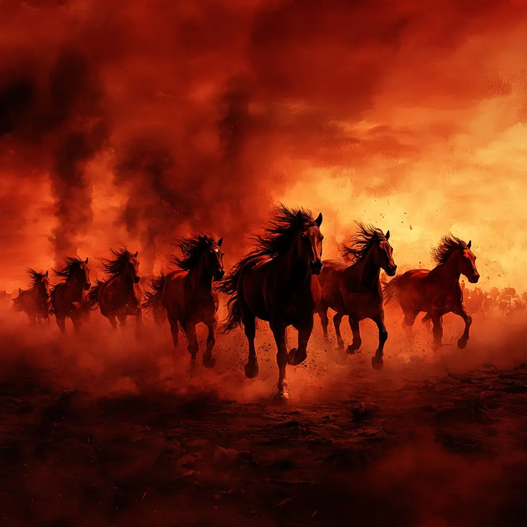 Wild horses charging across a desolate barren wasteland