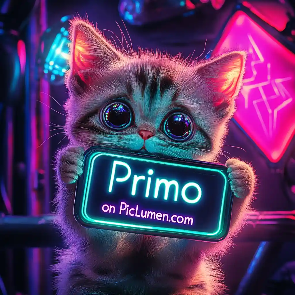 Sad eyed baby cat holding futuristic metal sign