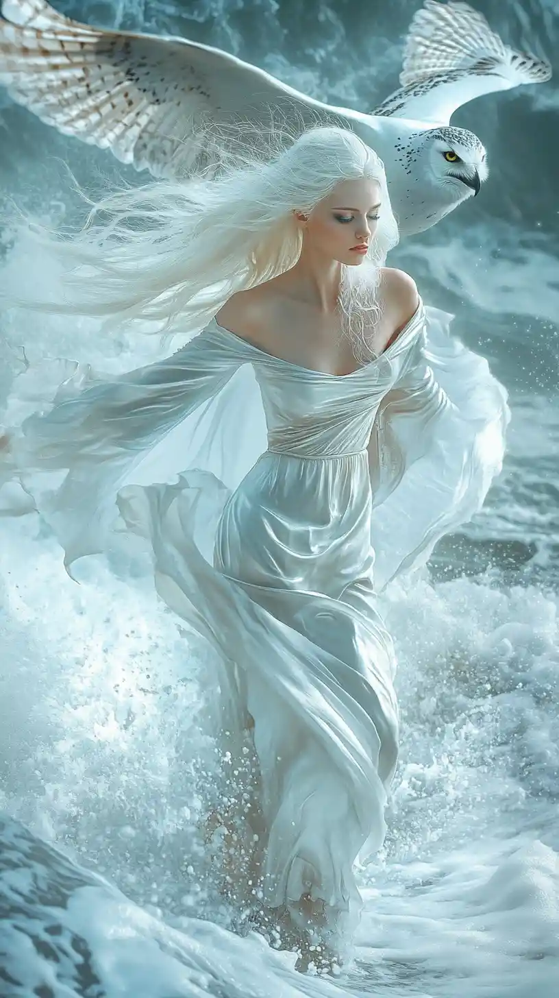 Mystical white haired woman walking on ocean shore