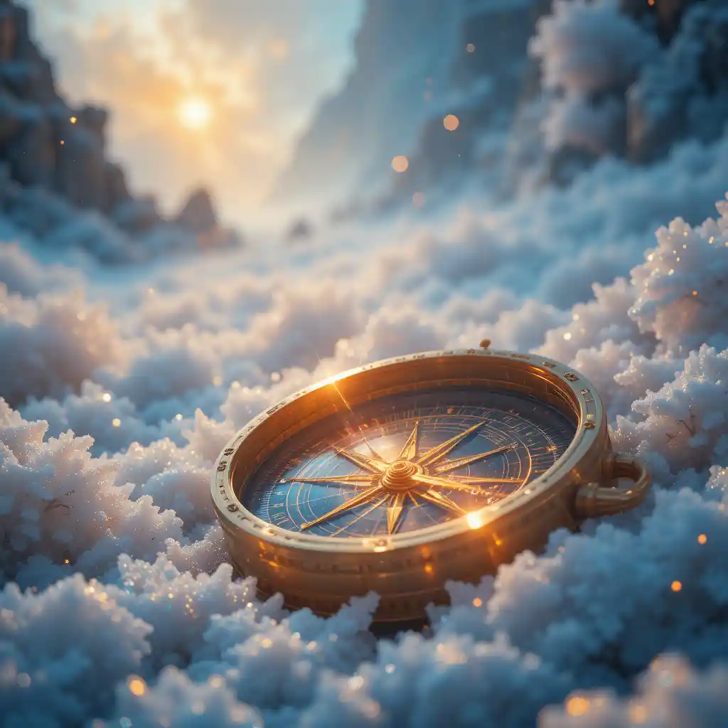 Golden compass in a frozen mystical fantasy landscape