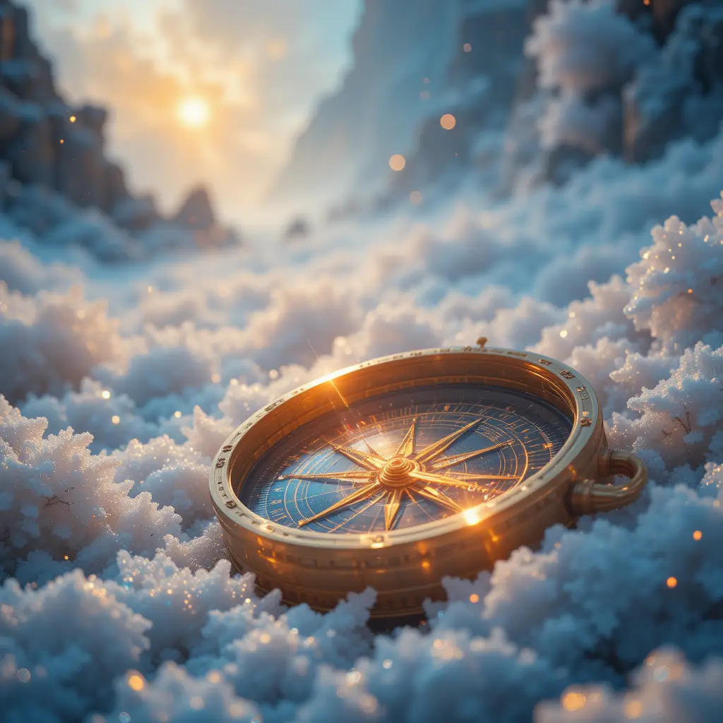 Golden compass in a frozen mystical fantasy landscape