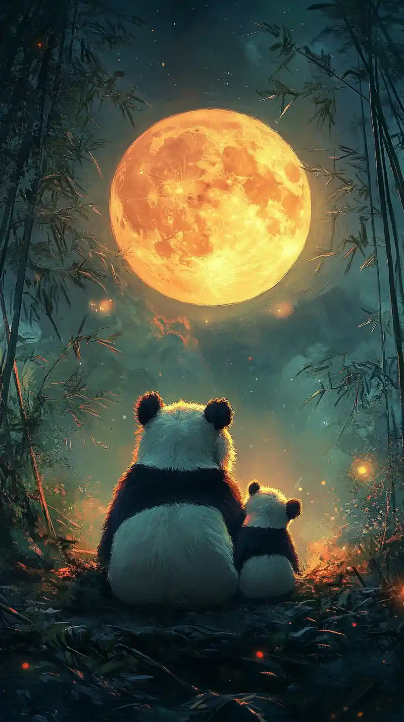 Majestic panda with cub under a glowing fantasy moon