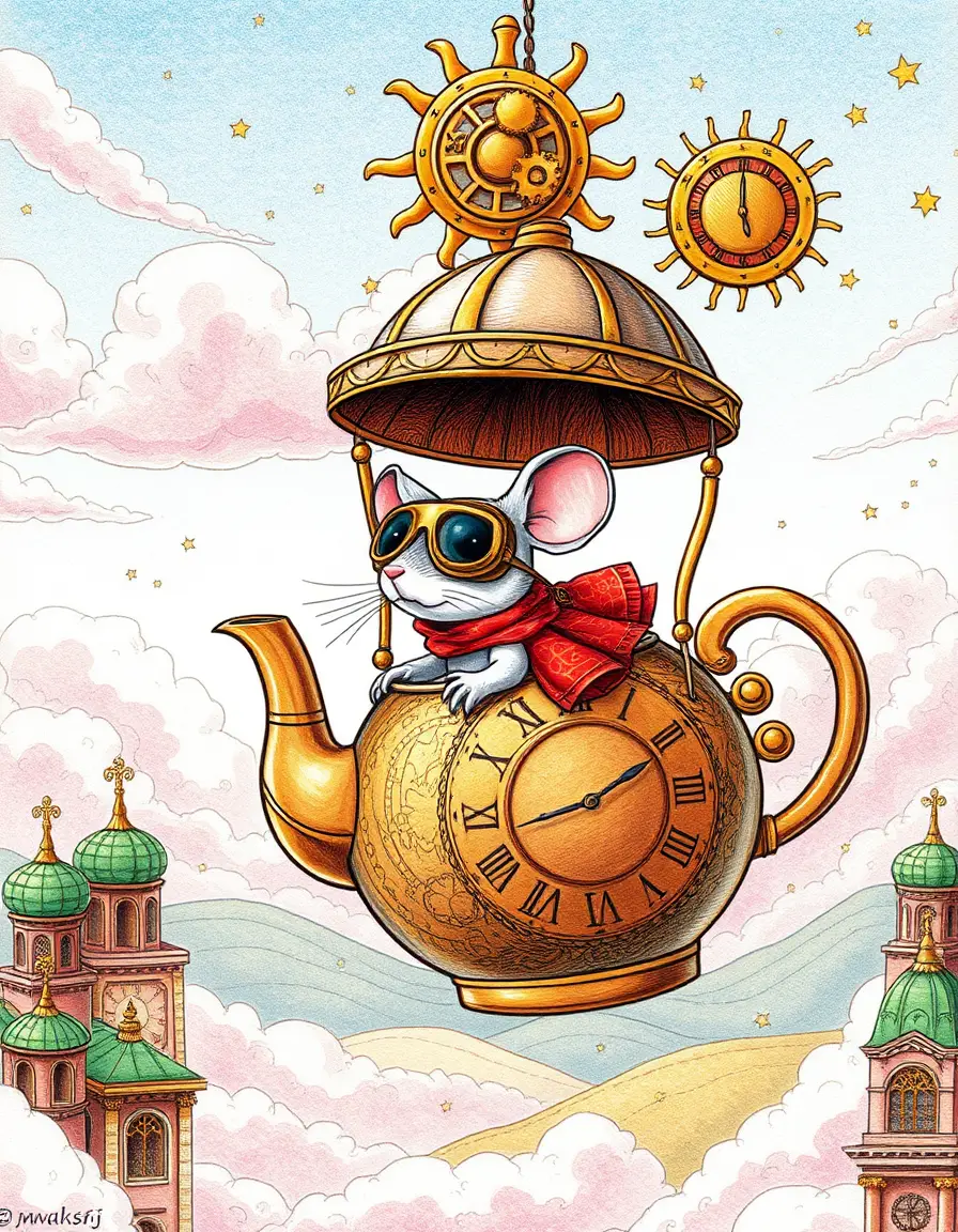 Steampunk Mouse Flying A Copper Teapot Airship