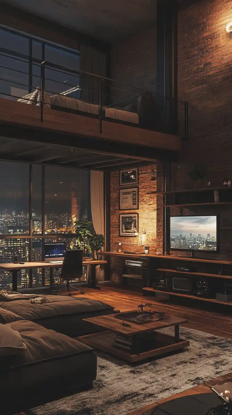 Cozy loft living room with tv and mezzanine bedroom