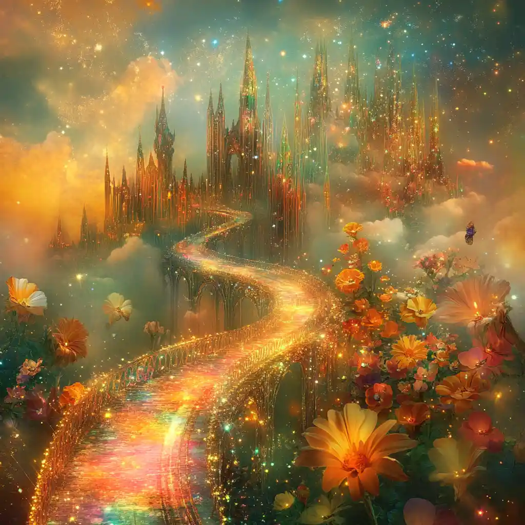 Enchanted Fantasy City With Rainbow Bridges And Glowing Roads