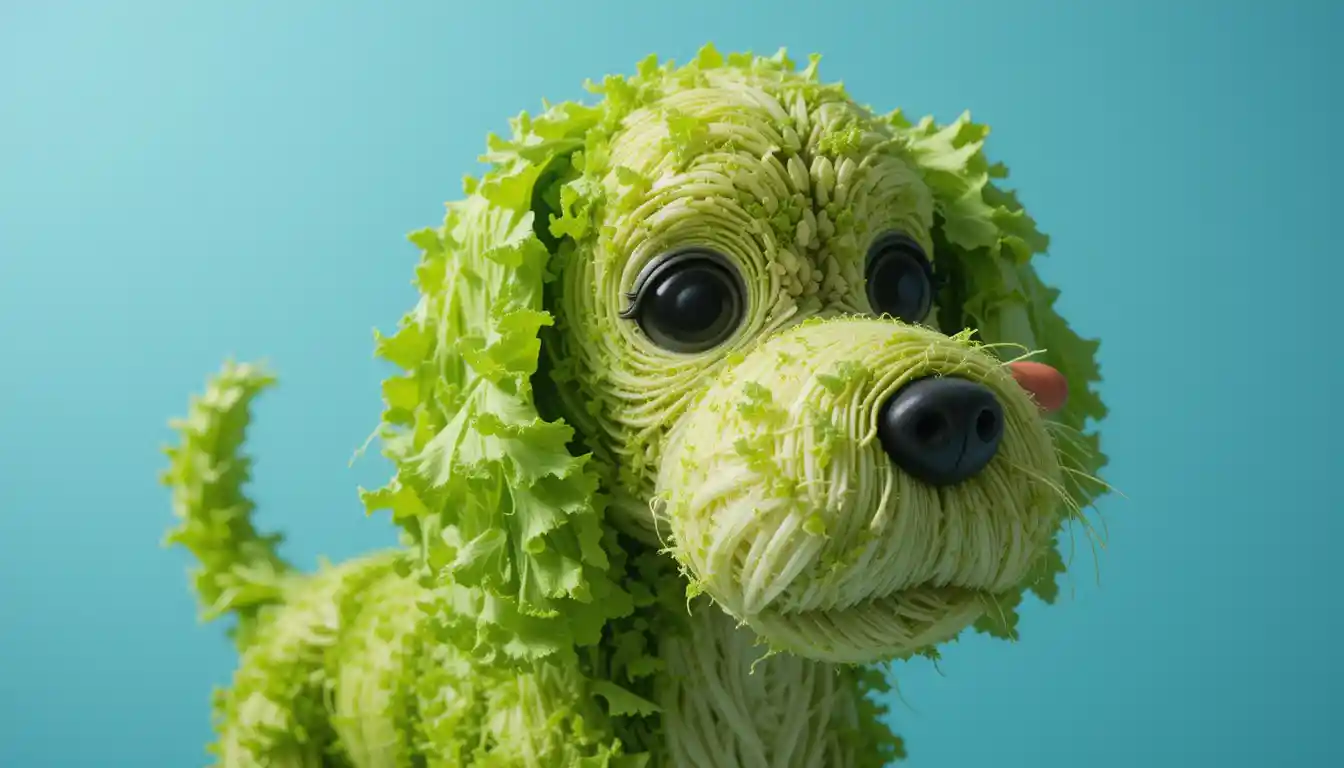 Whimsical Vegetable Dog Sculpture On Light Blue Background