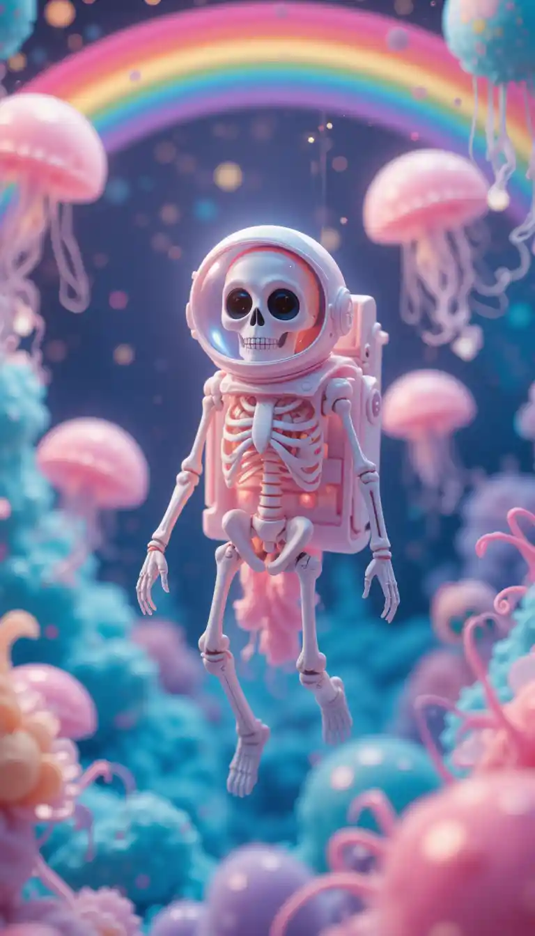 Skeleton Astronaut Floating In Surreal Candy Colored Space