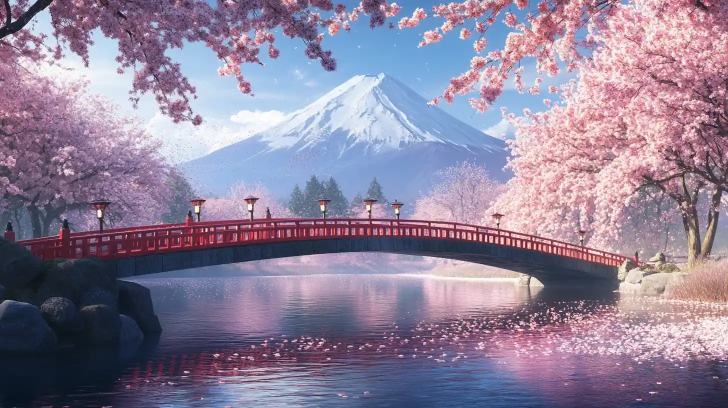 Red bridge over tranquil river with cherry blossoms and fuji