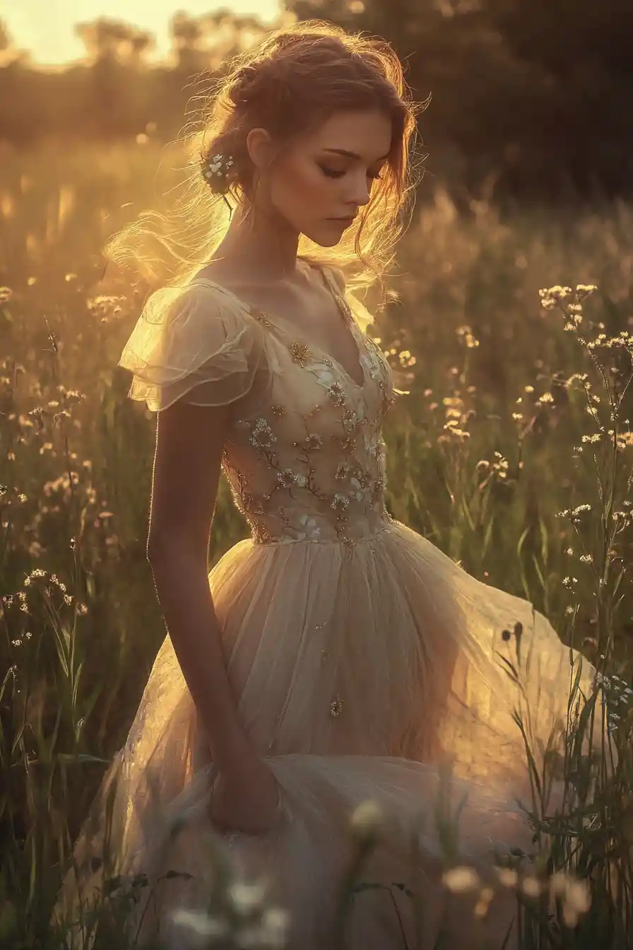 Ethereal Fantasy Woman In Glowing Gown On Summer Prairie