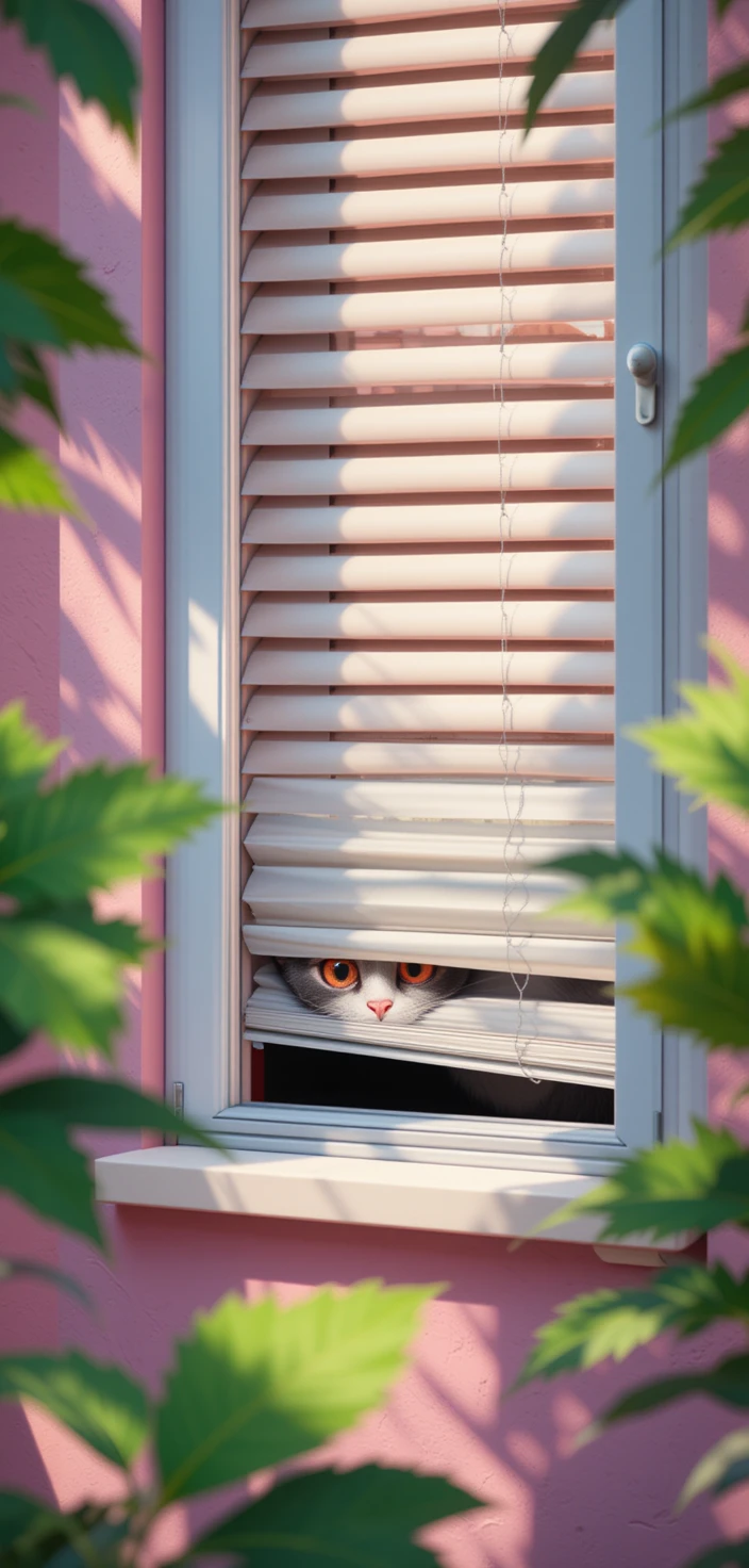 Gatto curioso che sbircia dalle persiane della finestra di una stanza buia