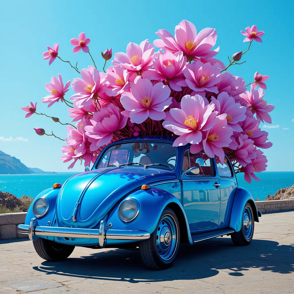 Surreal Blue Chrome Car With Floating Flowers On Coastline
