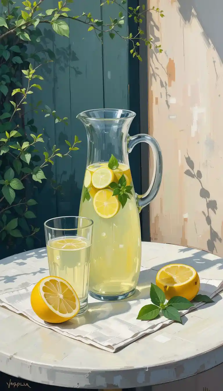 Still Life Of Lemonade Pitcher On Modern Garden Table