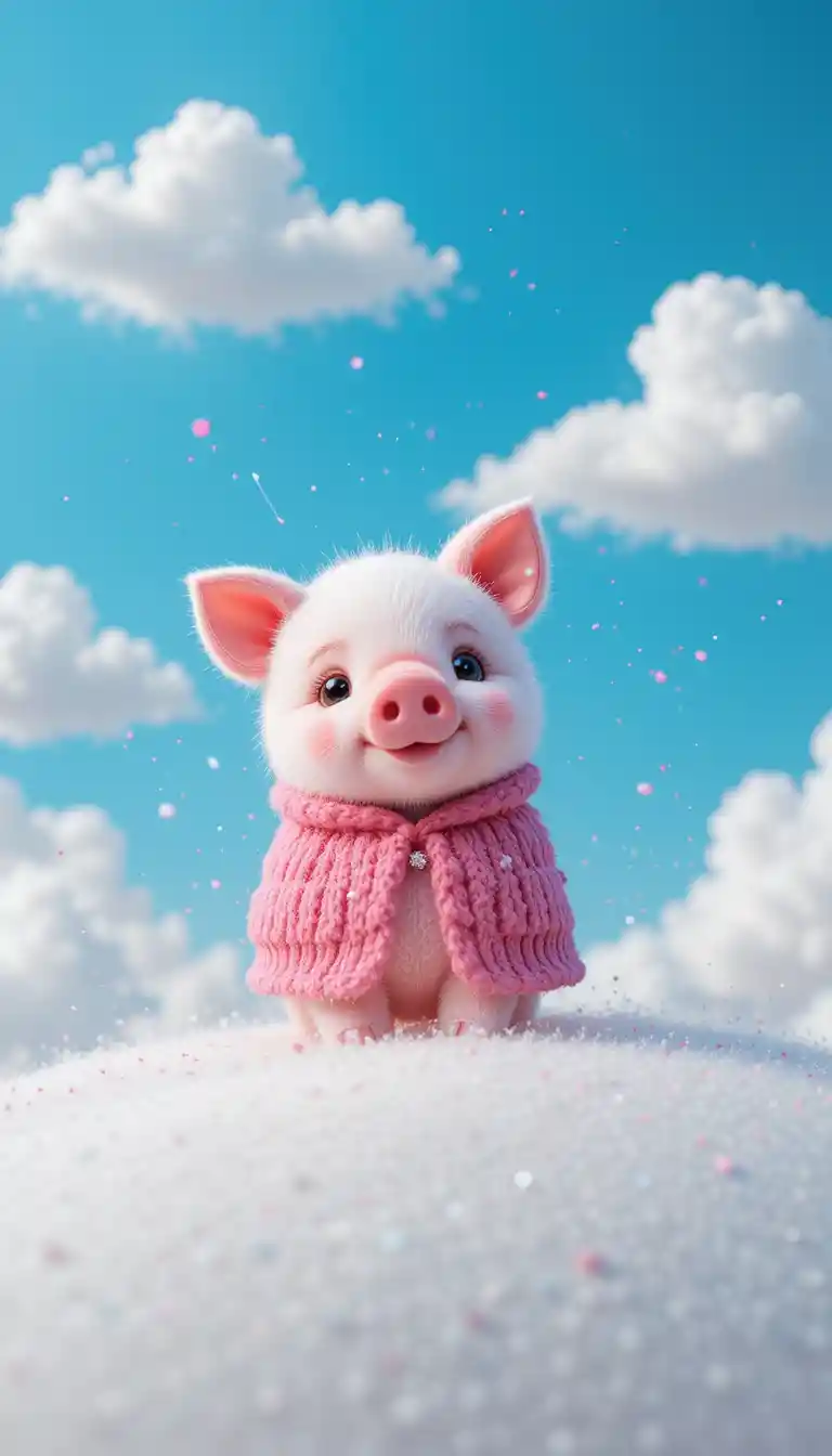 Cute pink pig plush against a soft blue sky