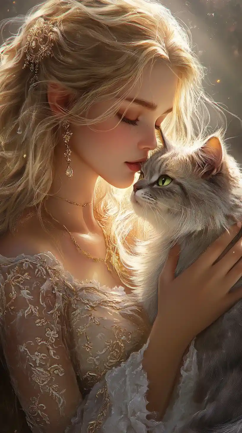 Blonde woman cuddling a cat with glowing green eyes
