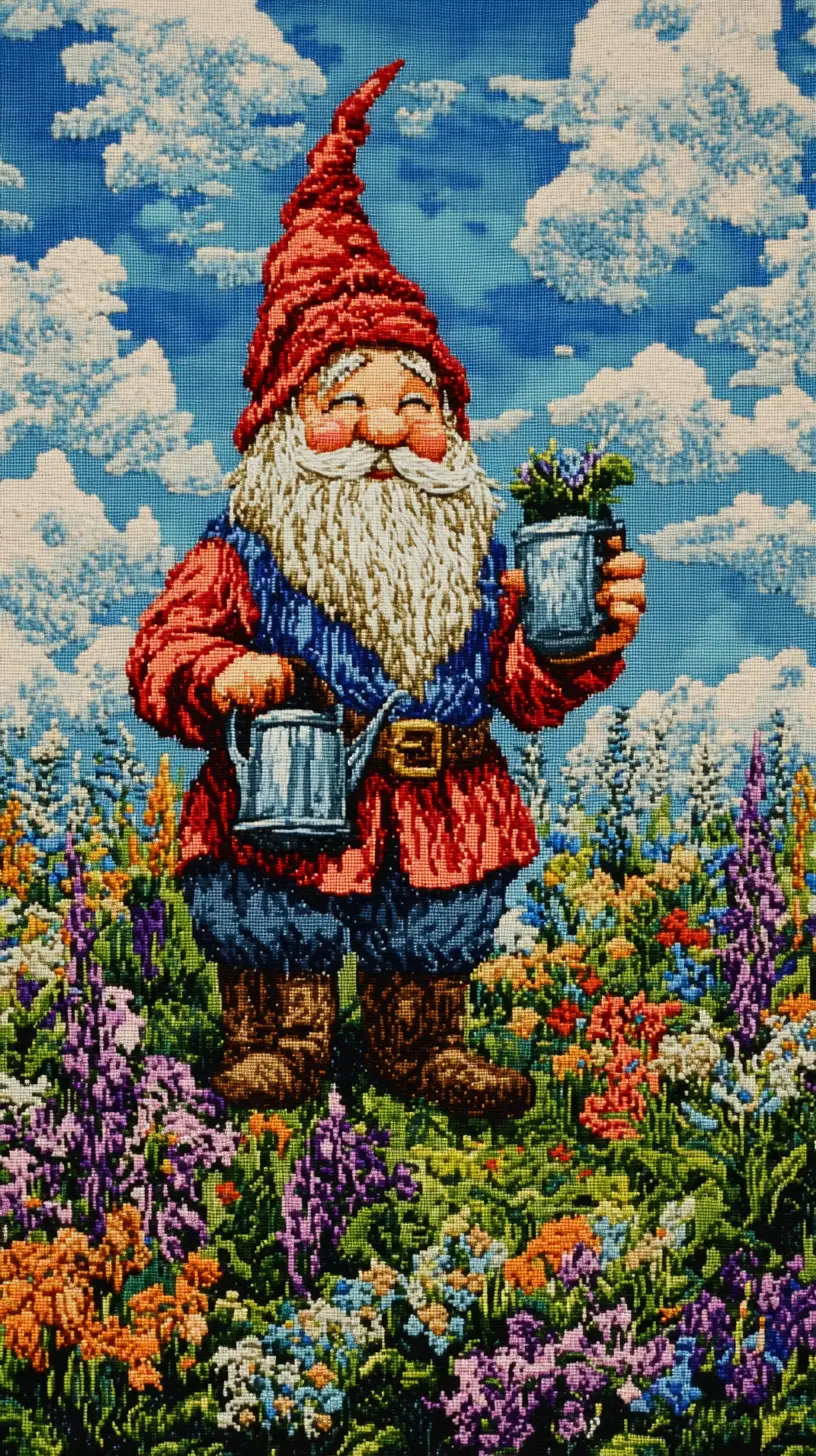 Colorful Embroidered Garden Gnome In Floral Garden Scene