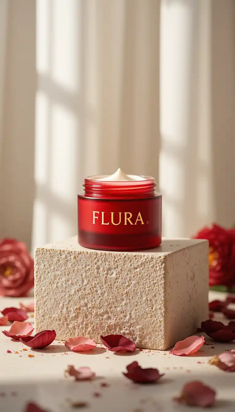 Red cosmetic jar on beige concrete block with rose petals