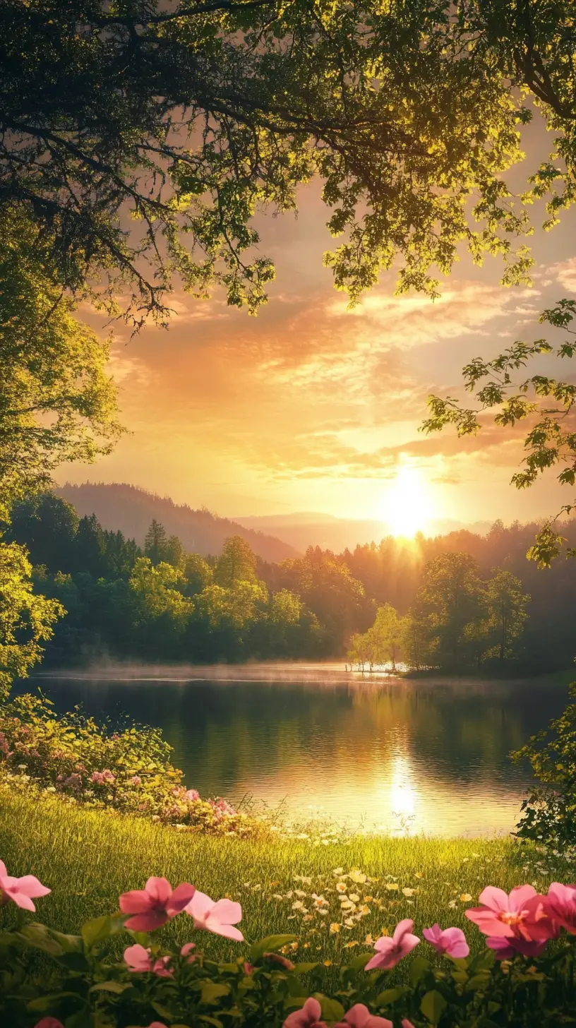 Peaceful sunrise over forest lake with flowers and greenery