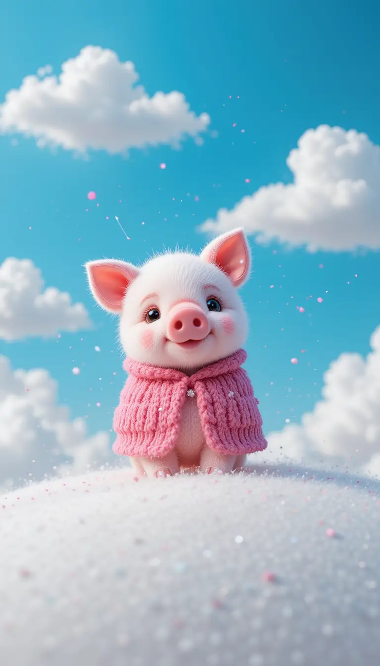 Cute pink pig plush against a soft blue sky