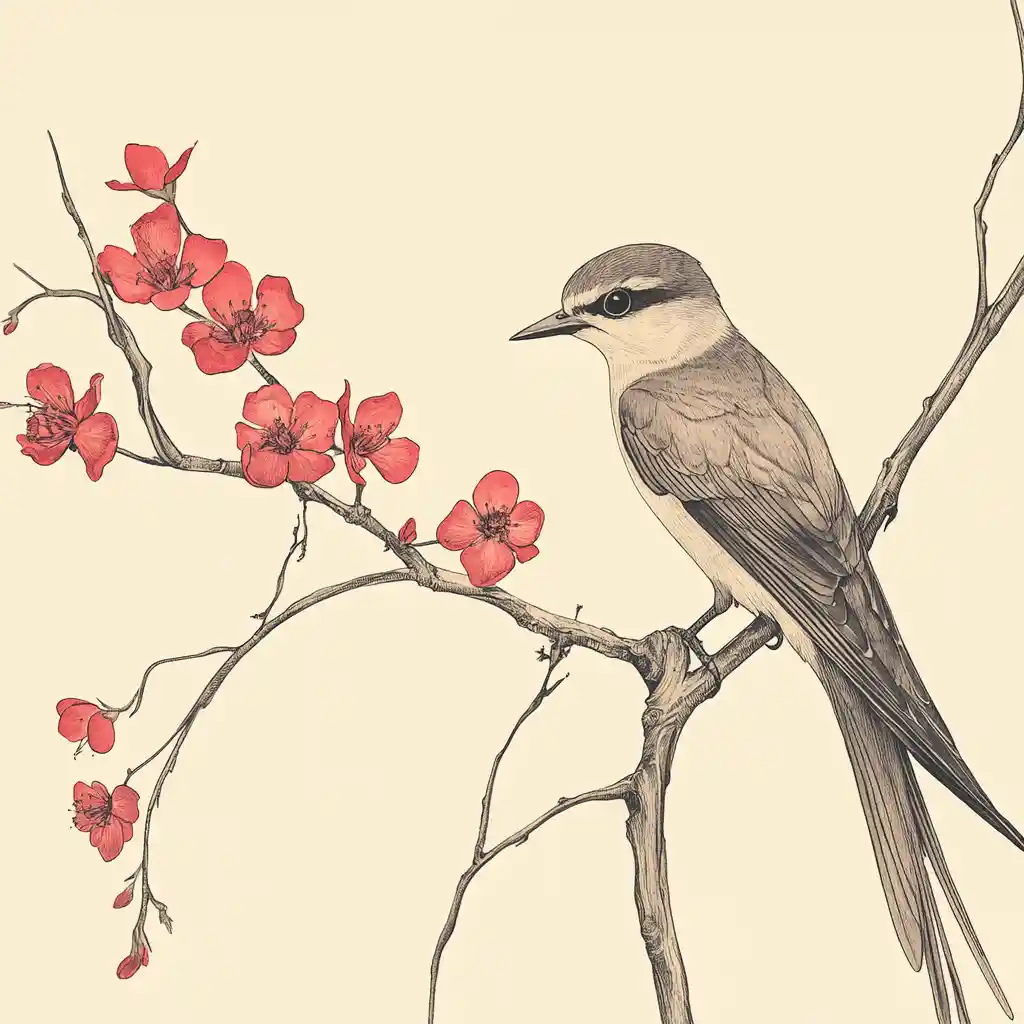 Swift bird on blooming kapok branch in watercolor art