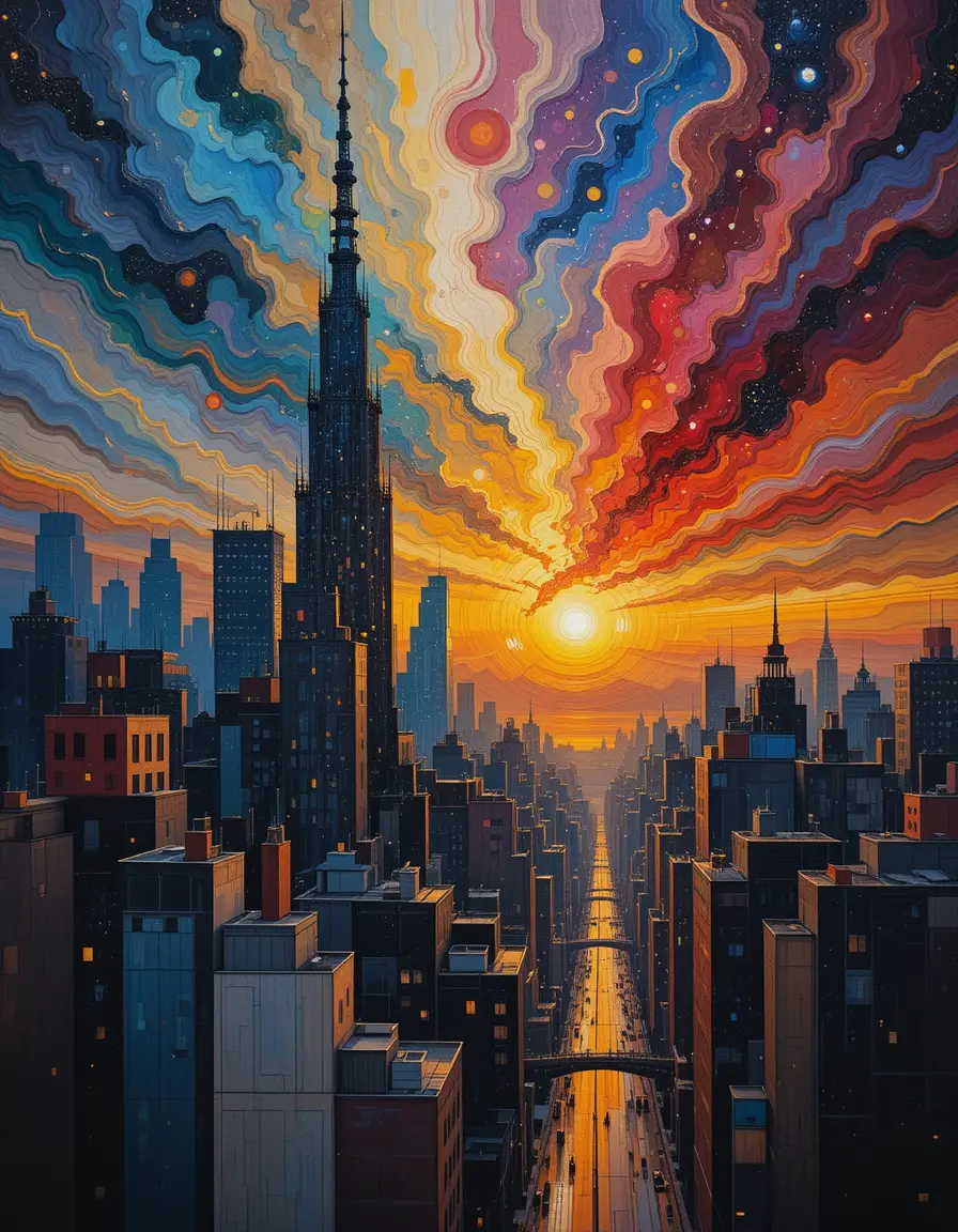 Abstract urban sunrise with mystical rainbow nebula sky